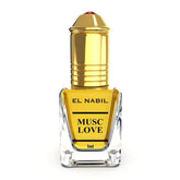 Gouden glazen parfumfles met label El Nabil Musc Love in Parfumolie Musc Love